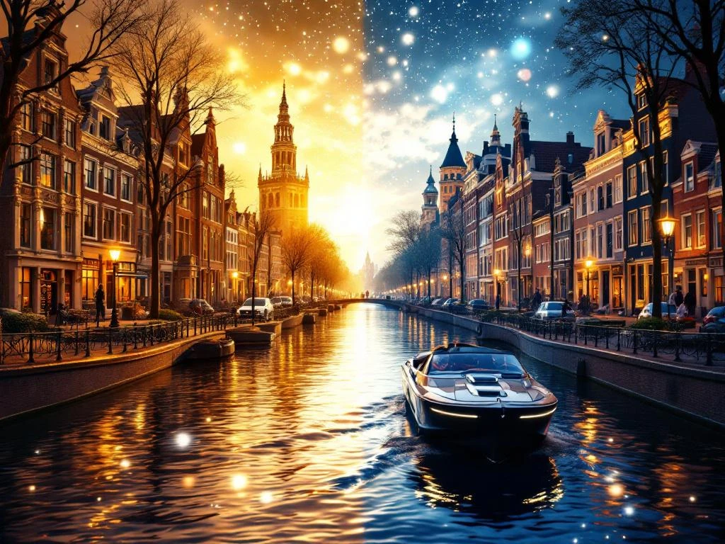Amsterdam canal scene with historic 17th-century houses on left and magical time portal on right showing different eras