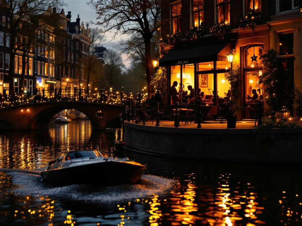 Amsterdam canal at evening with jazz club lighting, electric boat on water, and historic Dutch architecture along waterside.
