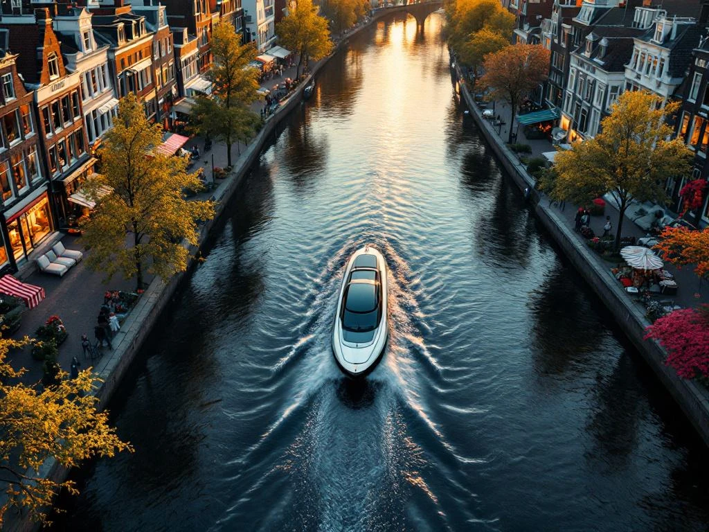 Luxury electric boat cruising Amsterdam canal ring at golden hour, surrounded by historic Dutch gabled houses and boutiques.