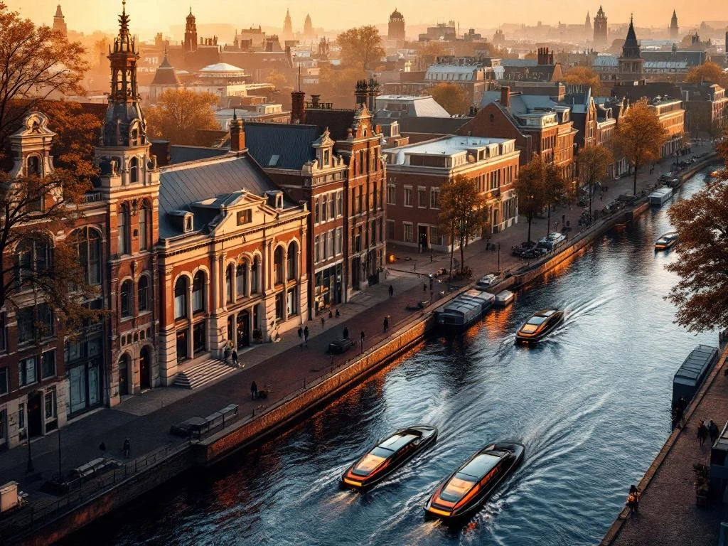 Aerial view of Amsterdam's historic canal district with museum buildings, traditional Dutch architecture, and modern electric boats during golden hour