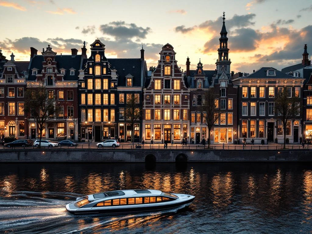 Aerial view of Amsterdam's historic canal district at sunset with electric boat, Dutch architecture, and illuminated museums