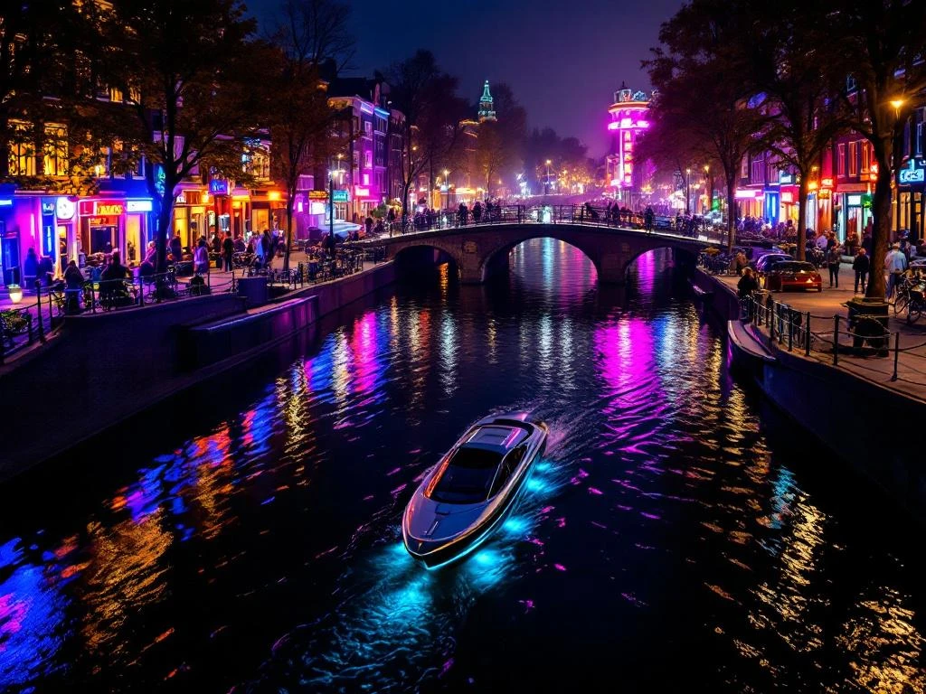 Aerial night view of Amsterdam's illuminated canal district with historic houses, neon reflections, and electric boat