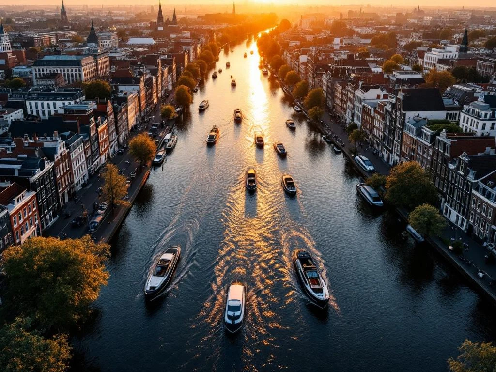Aerial view of Amsterdam's UNESCO canal rings at golden hour with historic gabled houses and electric boats near Westerkerk