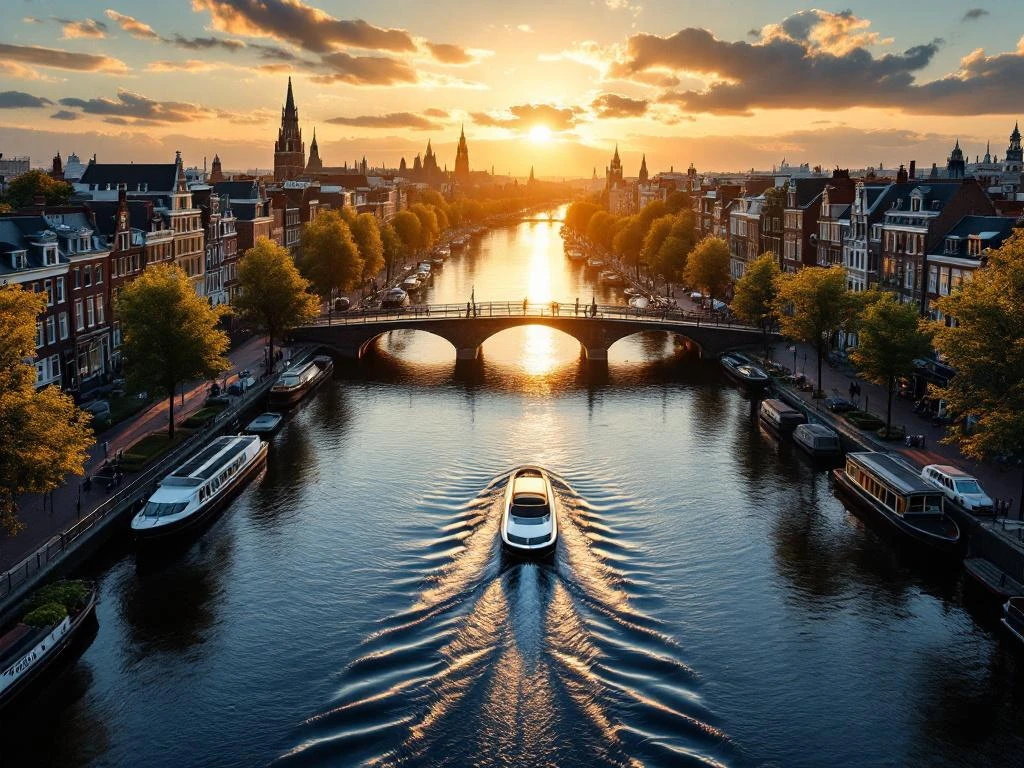 Aerial view of Amsterdam's historic canal ring at golden hour with 17th-century gabled houses and electric boat on water