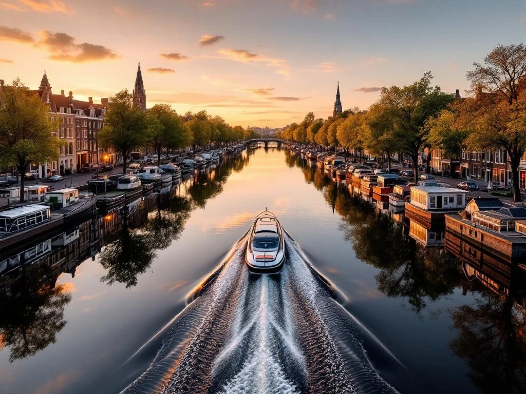 Aerial view of Amsterdam's UNESCO canal ring at golden hour with historic gabled houses reflecting in water from boat perspective
