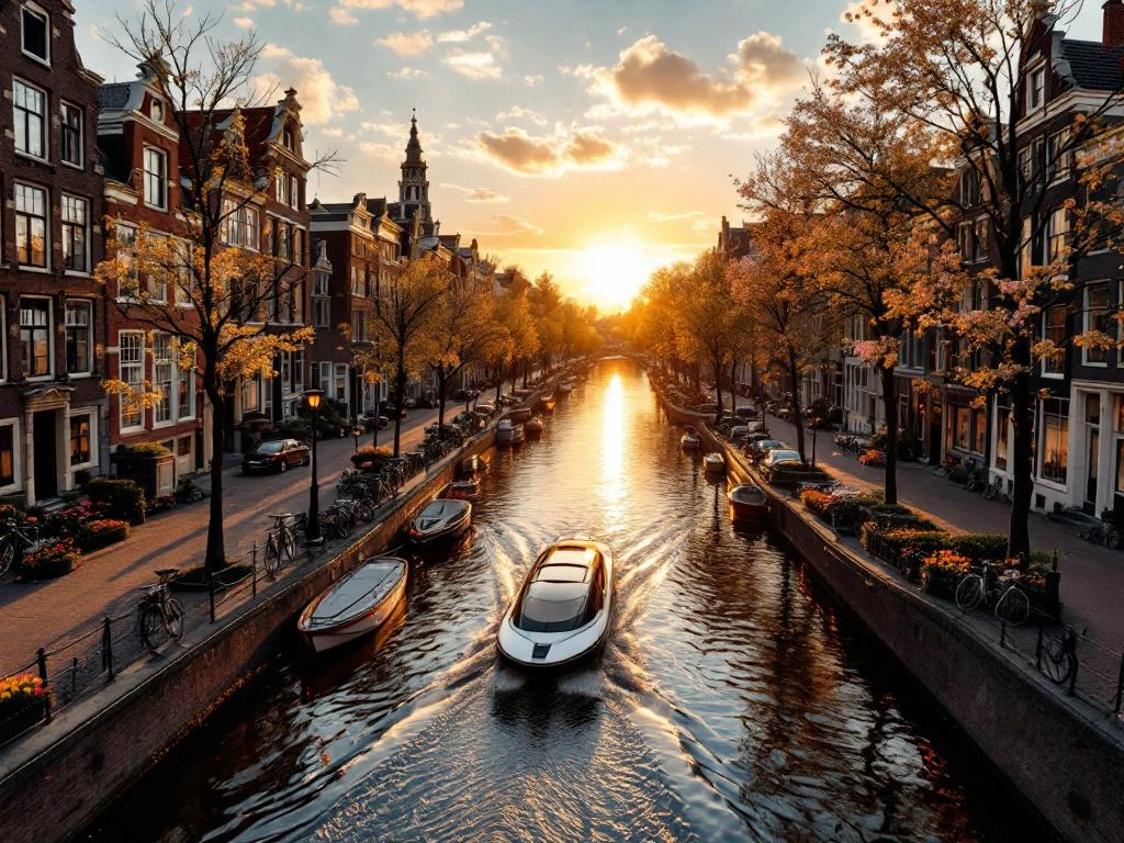 Aerial view of Amsterdam canal ring at golden hour with traditional Dutch houses, electric boat, bicycles, and tulips along waterways.