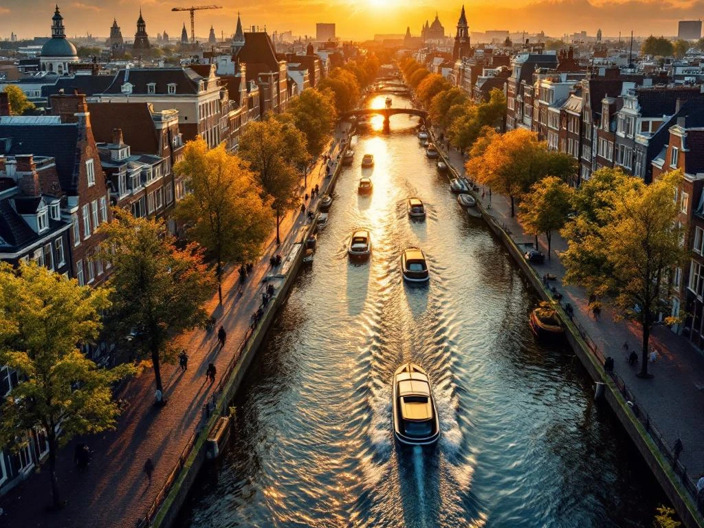 Aerial view of Amsterdam's canal ring at golden hour with empty cobblestone streets, historic gabled buildings, and boats on water.