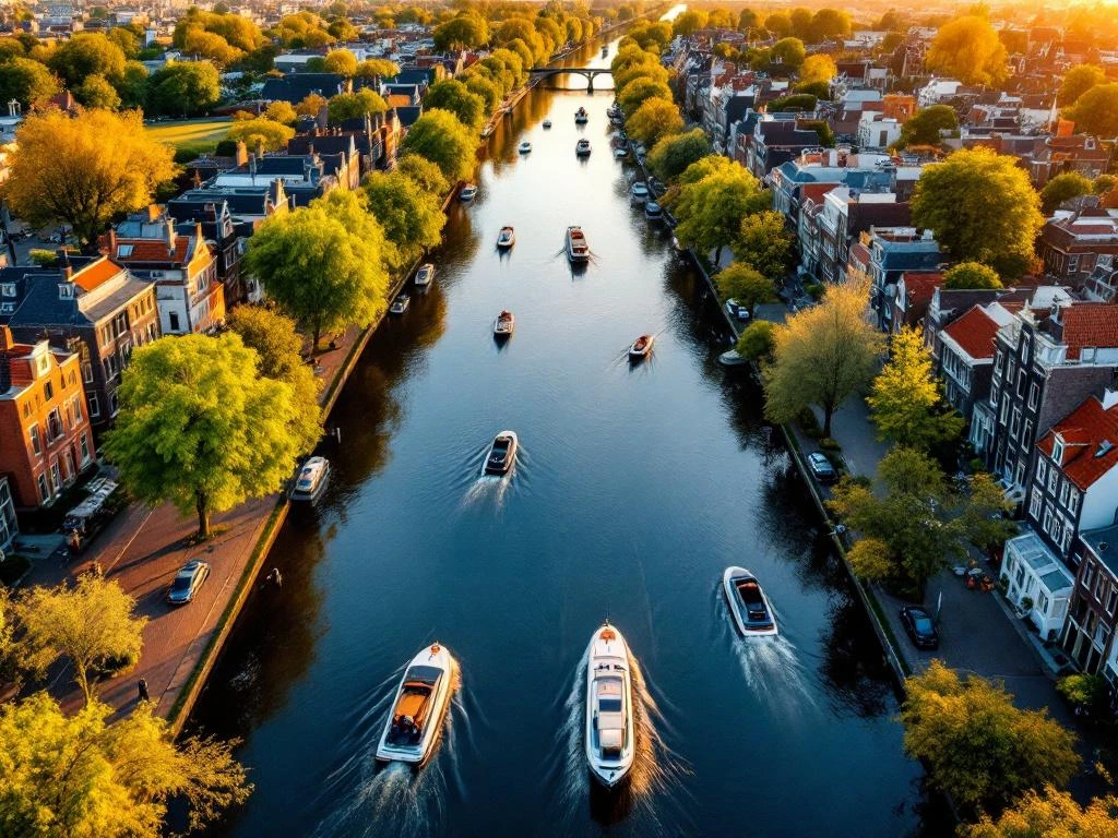 Aerial view of Amsterdam's historic canal ring with traditional Dutch gabled houses and boats during golden hour sunset.