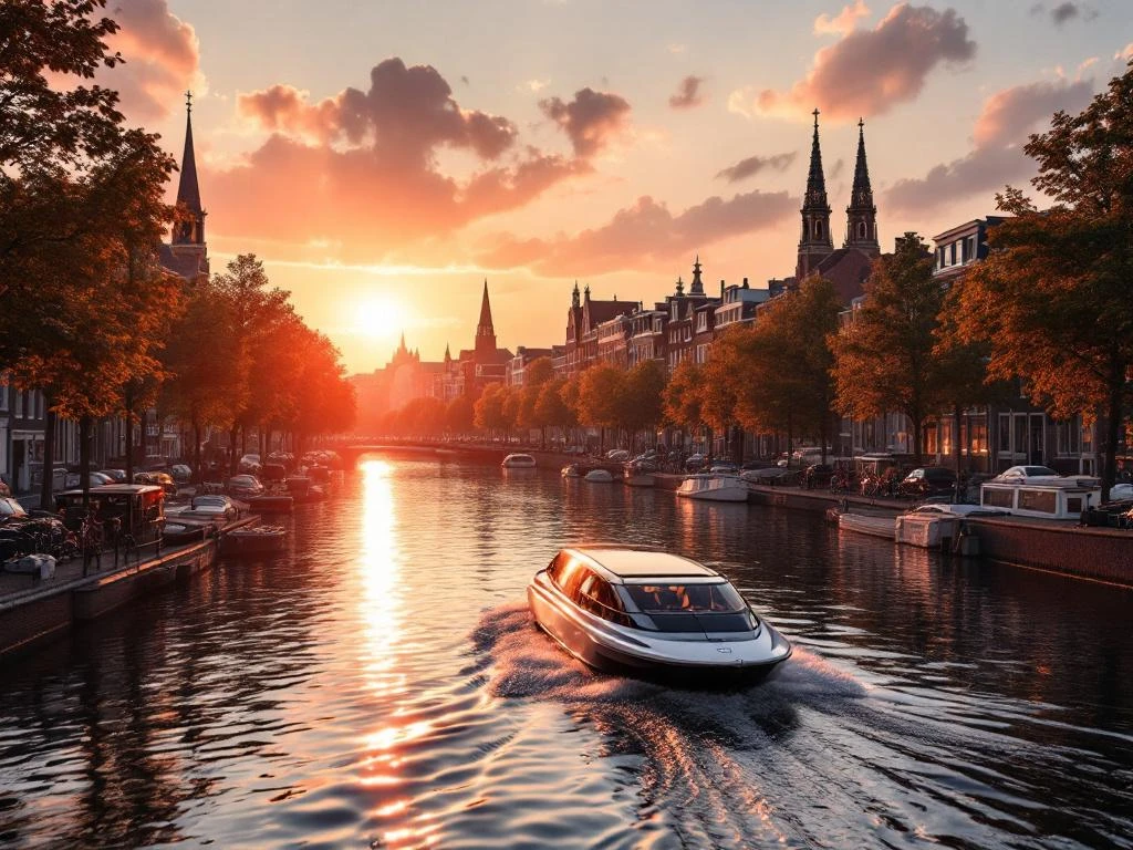 Amsterdam canals at sunset with historic Dutch buildings, electric boat, and golden hour light reflecting on water