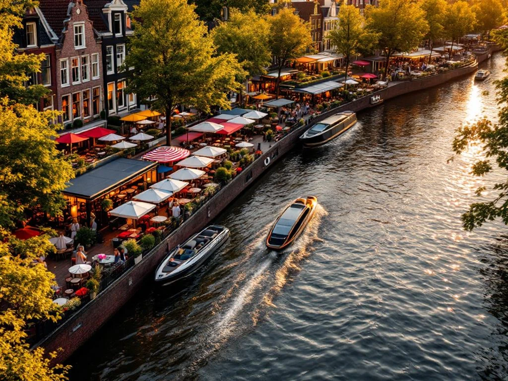 Aerial view of Amsterdam canal restaurants with colorful umbrellas during golden hour, historic Dutch houses and boats
