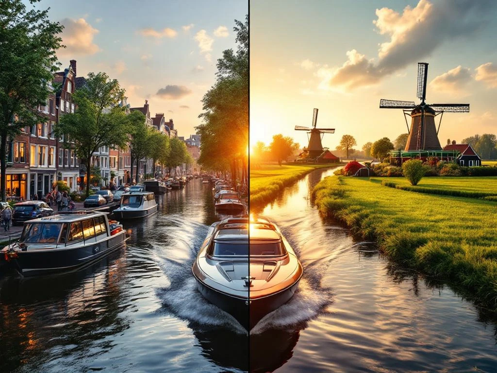 Split-screen view of Amsterdam's urban canals with historic houses versus peaceful rural Dutch canals with windmills and meadows
