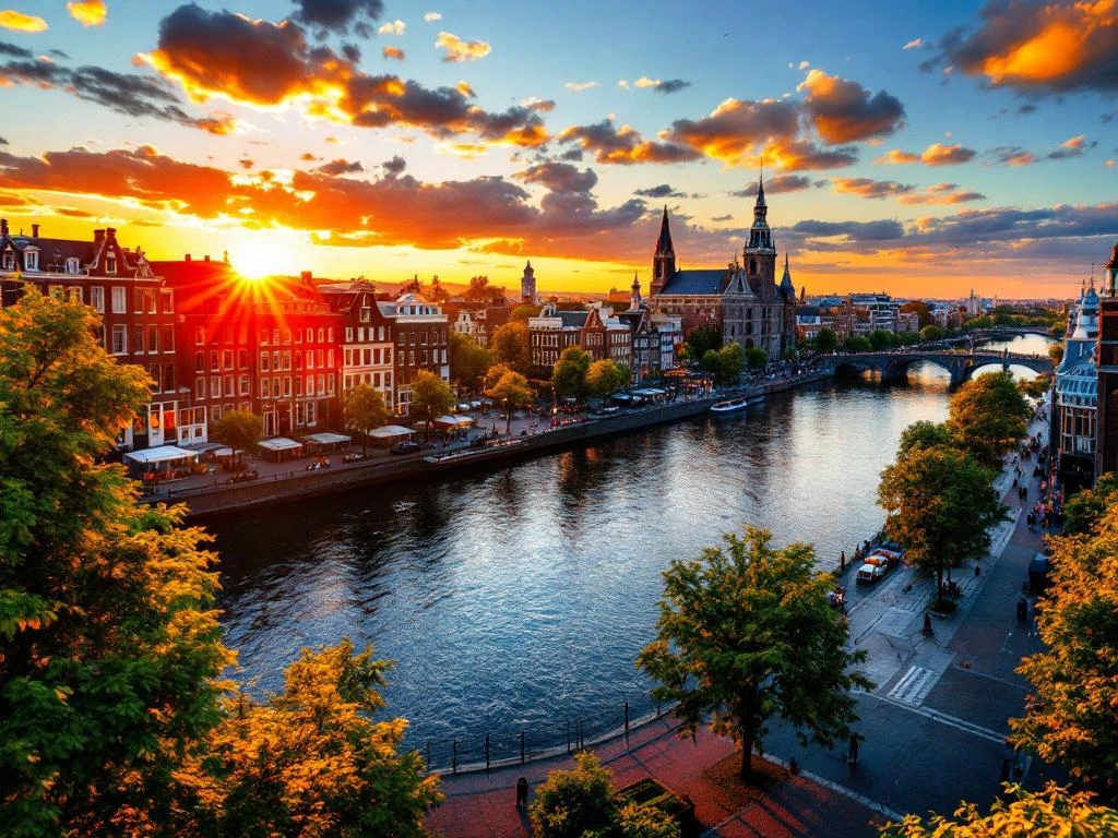 Aerial view of Amsterdam canals at golden hour with historic Dutch gabled houses, cobblestone streets, and warm reflections