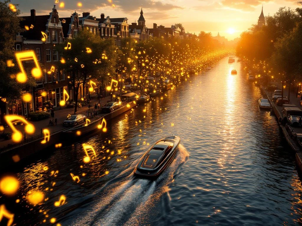 Aerial view of Amsterdam canals at sunset with electric boat, historic houses, and golden musical notes floating above water.