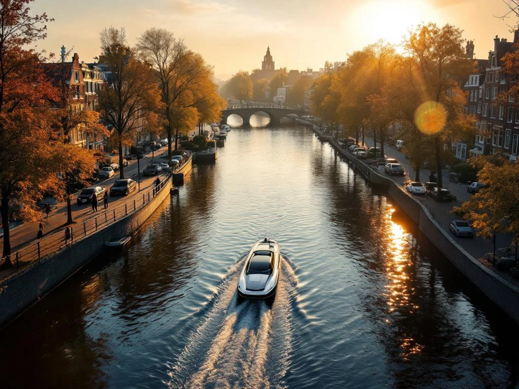 Aerial view of Amsterdam canals at golden hour with electric boat, historic bridges, and tree-lined waterways in autumn light.