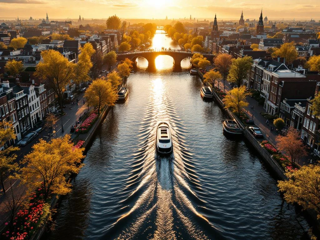 Aerial view of Amsterdam's canal ring with traditional Dutch houses, electric boat, and blooming tulips at golden hour