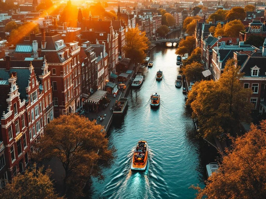 Aerial view of Amsterdam's historic canal district at golden hour with electric boats, 17th-century architecture, and cultural venues