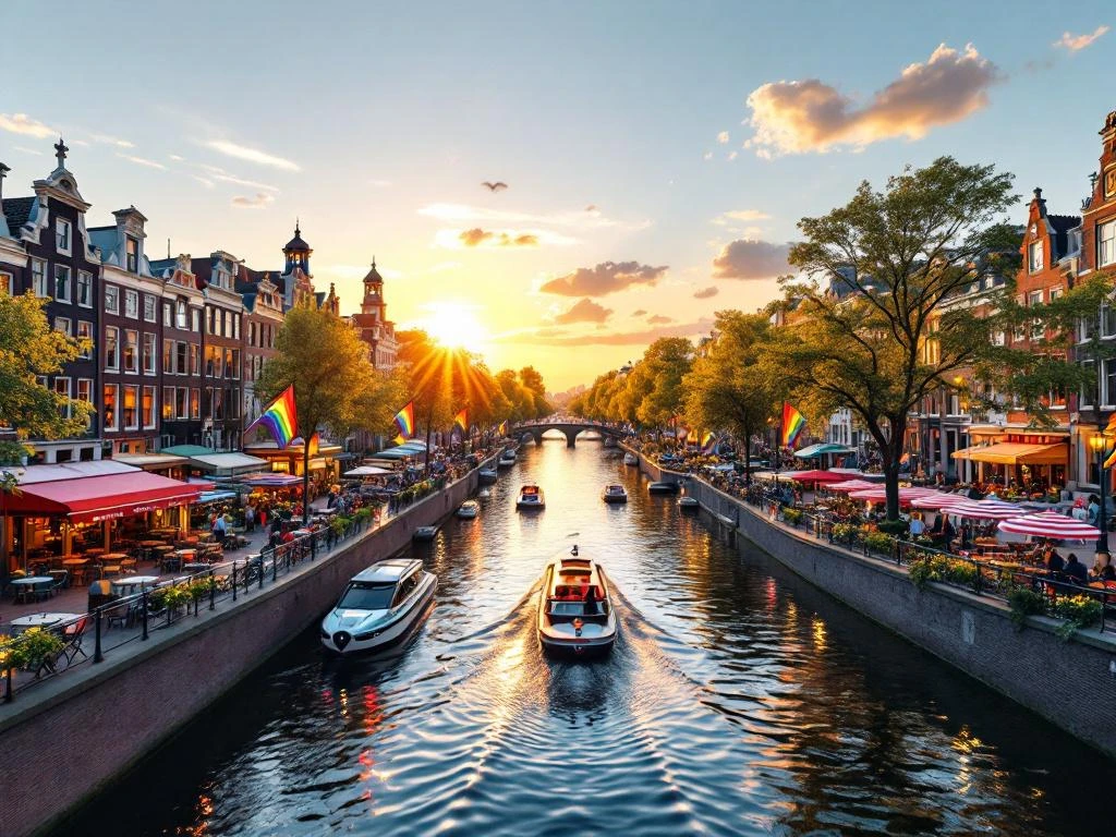Aerial view of Amsterdam canals at sunset with rainbow pride flags on historic buildings and boats on shimmering water.