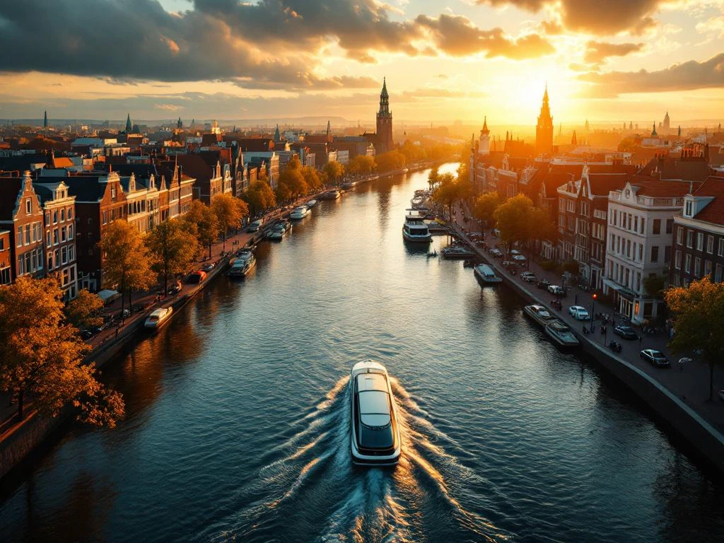 Aerial view of Amsterdam's historic canal ring at golden hour with electric boat, featuring 17th-century architecture and bridges