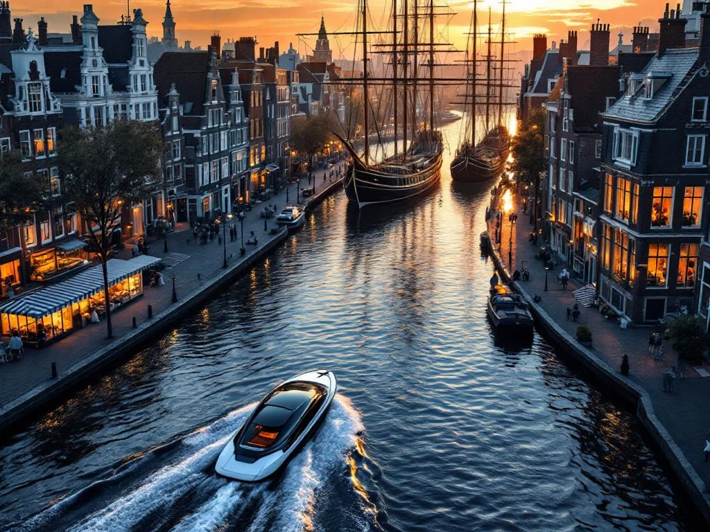 Aerial view of Amsterdam's historic canals with traditional Dutch houses and modern electric boat at golden hour sunset.