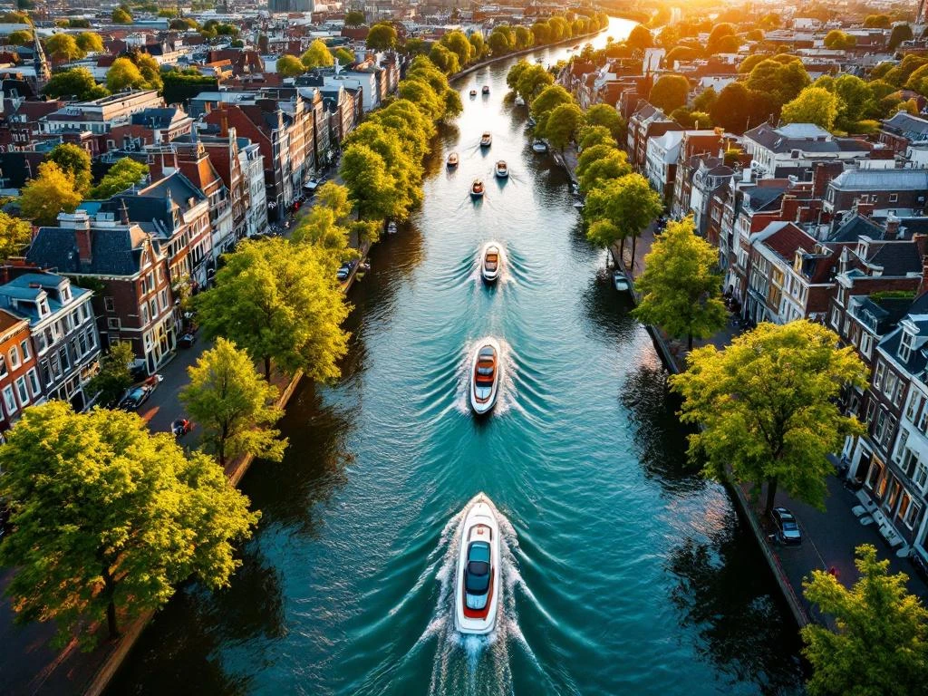 Aerial view of Amsterdam's UNESCO canal ring with historic gabled houses, electric boats, and golden hour lighting.
