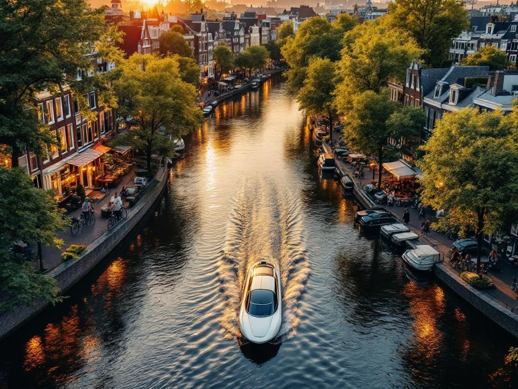 Aerial view of Amsterdam canals at golden hour with electric boat, historic Dutch houses, cyclists, and tree-lined waterways
