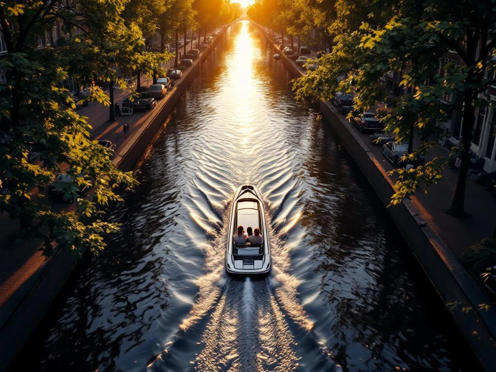 Electric boat gliding through peaceful Amsterdam canal at golden hour with historic brick houses and tree reflections
