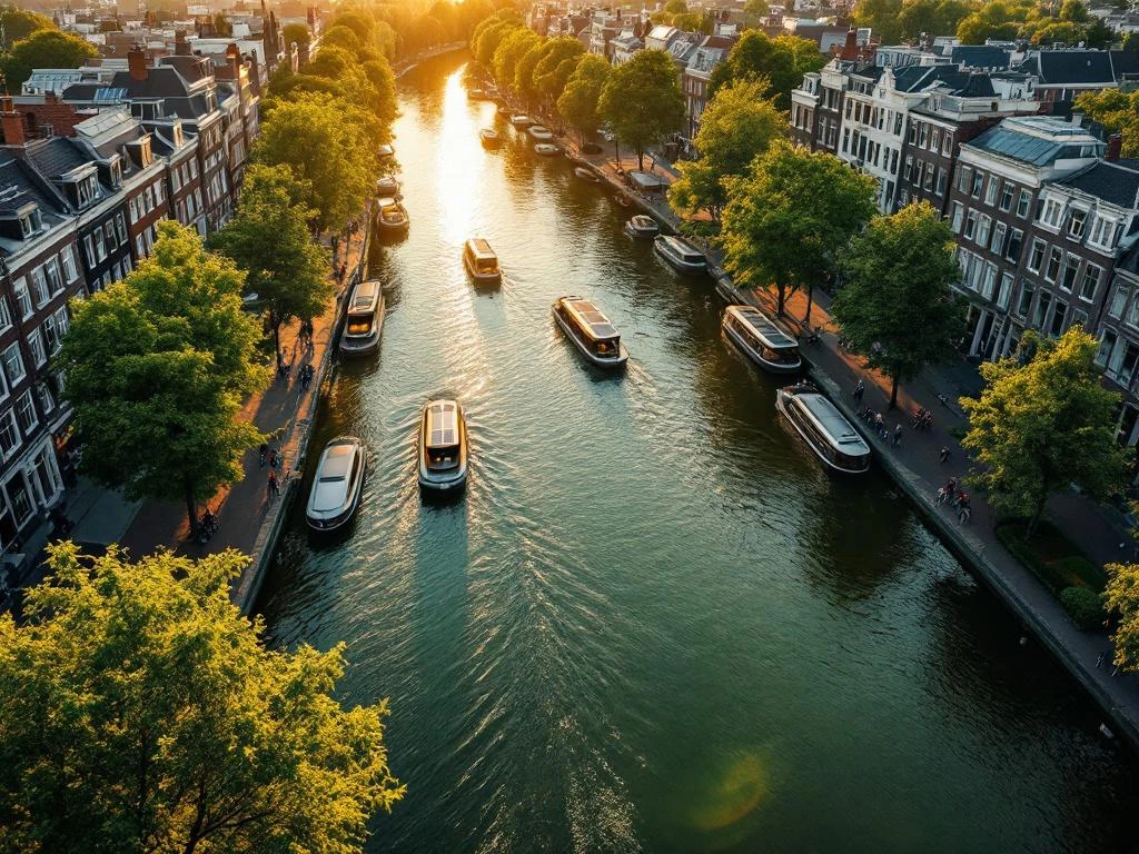 Aerial view of Amsterdam canals at golden hour with electric boats, historic Dutch houses, solar panels and cyclists