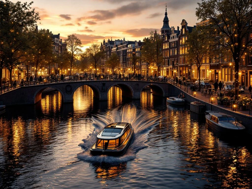Aerial view of Amsterdam canals at golden hour with electric boat, historic Dutch buildings, and romantic amber lighting reflected on water.