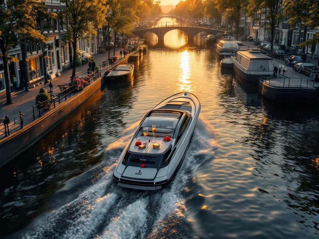 Electric boat with champagne and flowers gliding through Amsterdam canals at sunset, historic houses reflected in water