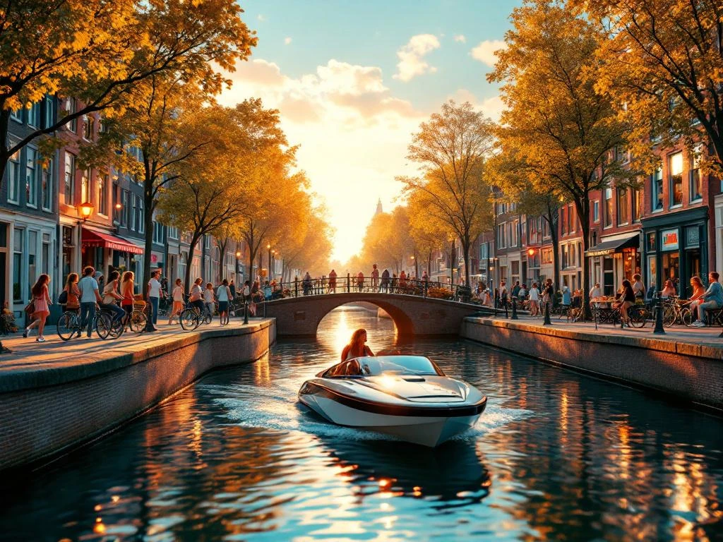 Teenagers cycling and boating along Amsterdam's historic canals with colorful gabled houses during golden hour