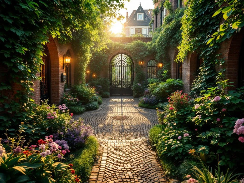 Aerial view of hidden courtyard garden between Amsterdam canal houses with lush plants, cobblestone paths, and golden sunlight