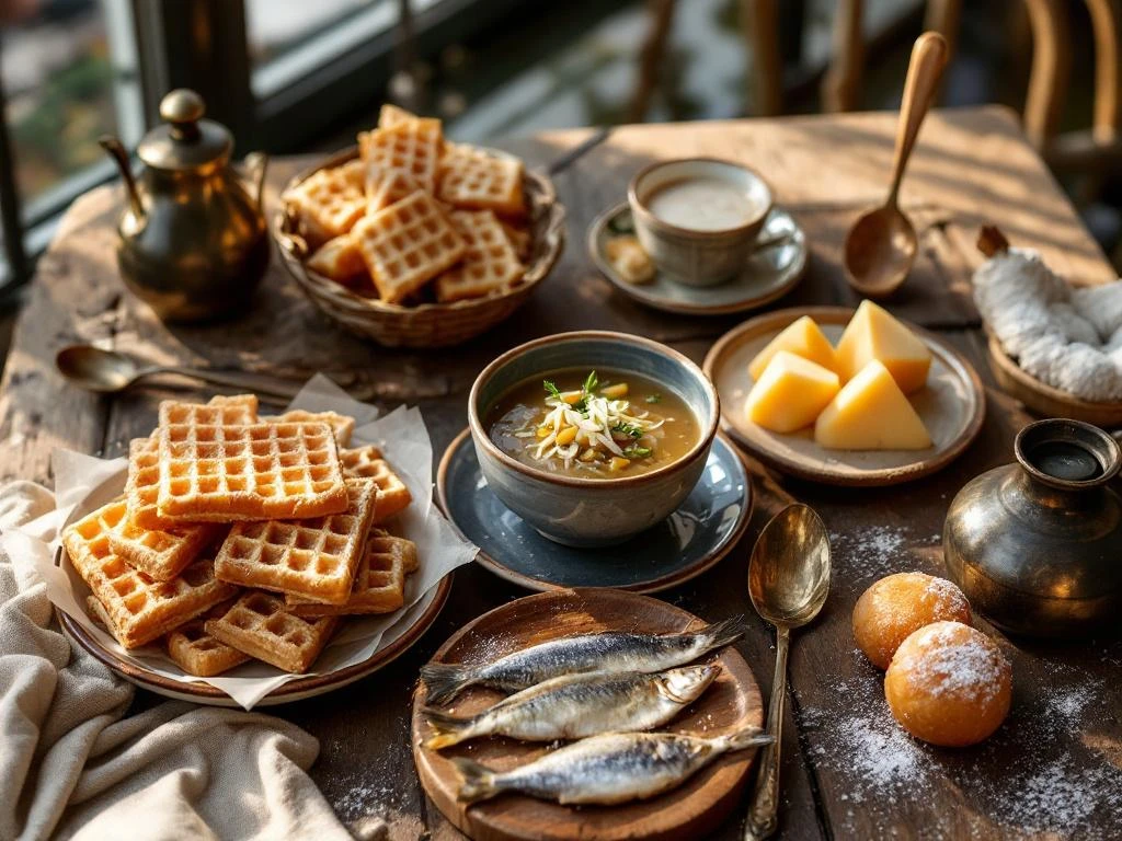 Overhead view of traditional Amsterdam cuisine including stroopwafels, erwtensoep soup, herring, Dutch cheese and oliebollen on rustic wooden table