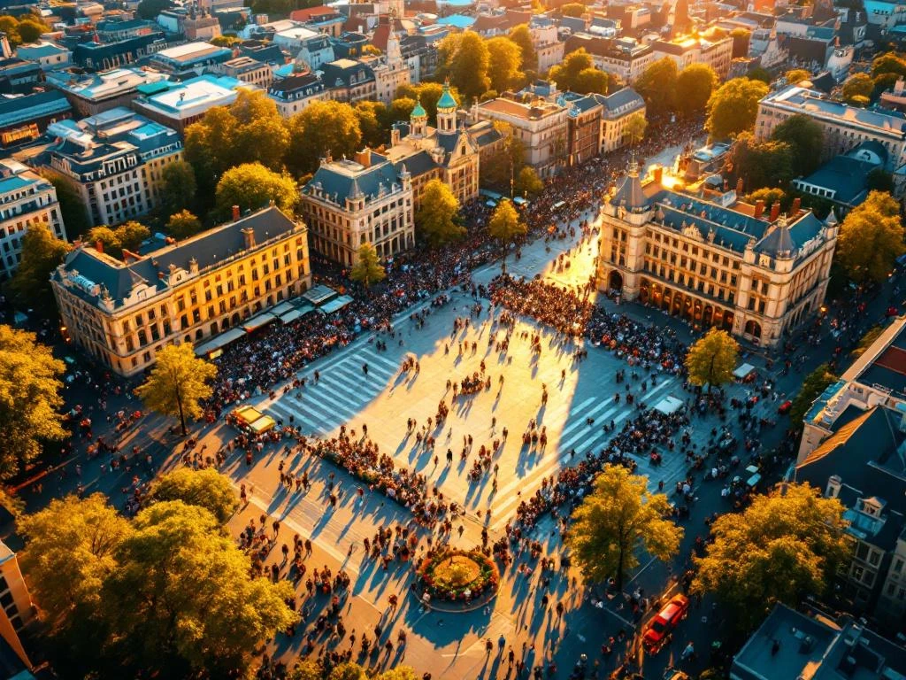 Aerial view of crowded Dam Square in Amsterdam with tourists, historic Royal Palace, and tram lines in golden sunlight