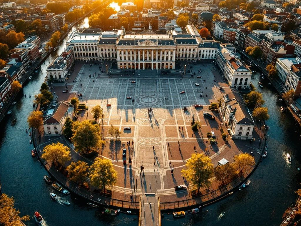 Aerial view of Amsterdam's Dam Square at golden hour featuring Royal Palace neoclassical architecture and historic buildings