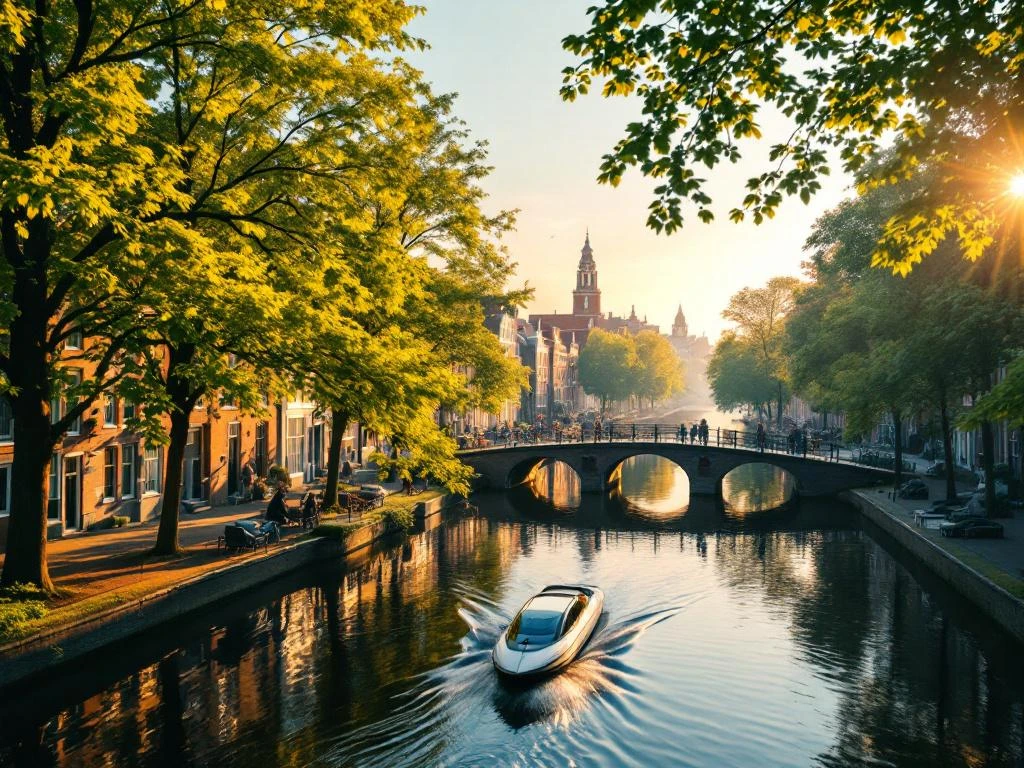 Aerial view of Amsterdam East canals at golden hour with historic Dutch buildings, electric boat, and tree-lined waterways