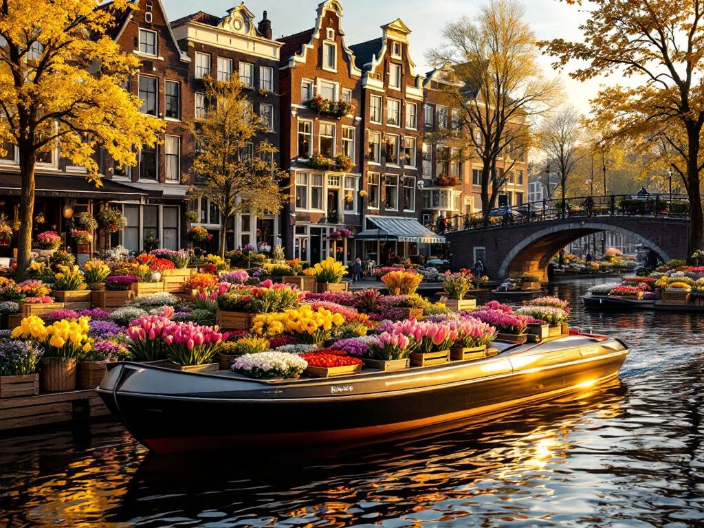 Amsterdam floating flower market with colorful tulips in wooden crates, historic canal houses, and electric boat on water.