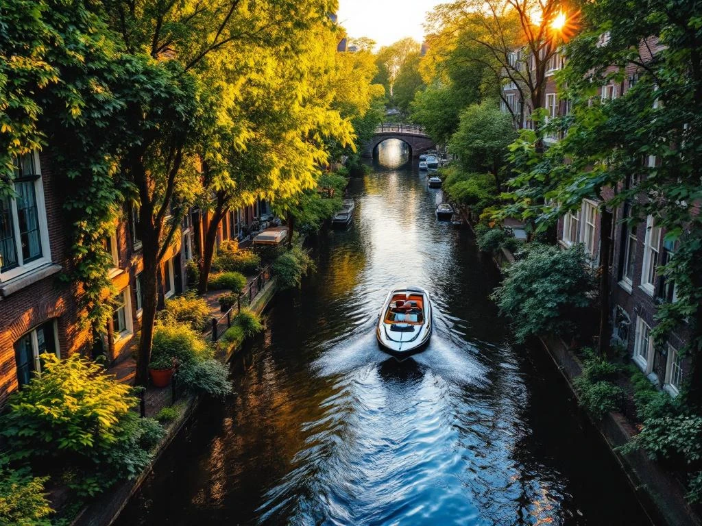 Aerial view of Amsterdam's quiet canals at golden hour with electric boat, historic buildings, and tree-lined waterways