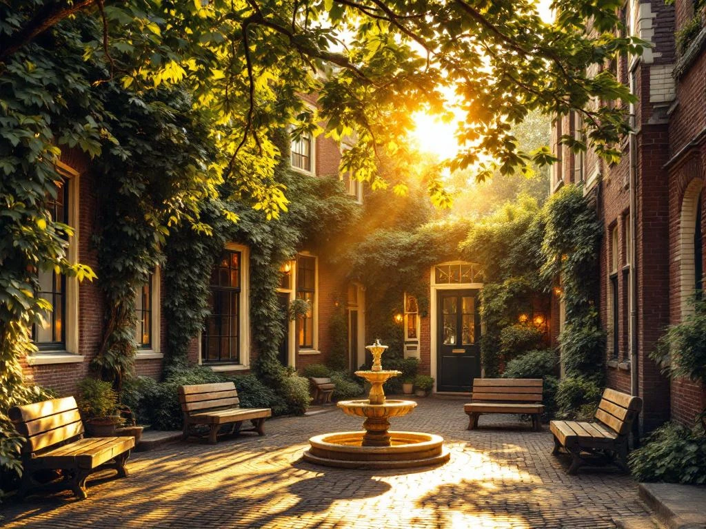 Hidden courtyard in Amsterdam with historic brick buildings, ivy-covered walls, central fountain, and golden hour sunlight filtering through trees.