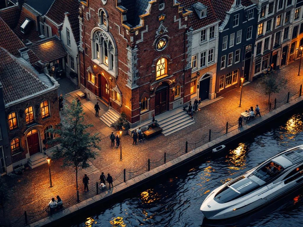 Aerial view of Amsterdam's Portuguese Synagogue in historic Jewish Quarter with electric boat on canal at evening
