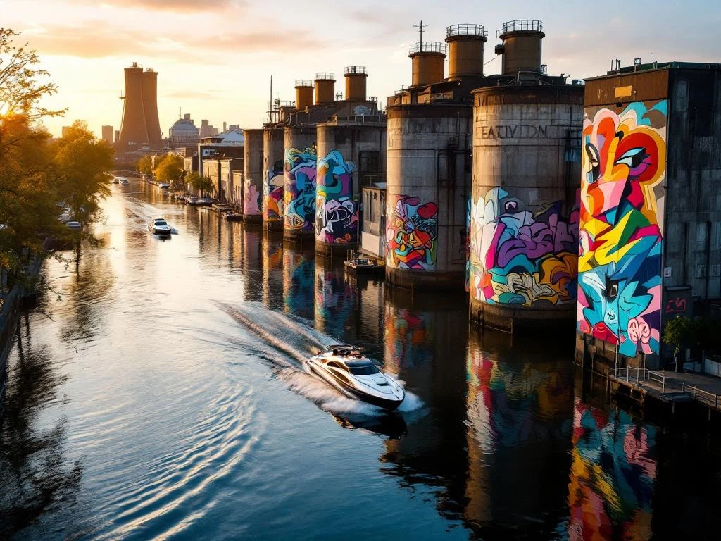 Colorful street art murals on Amsterdam Noord warehouse walls reflected in canal water with electric boats at golden hour.
