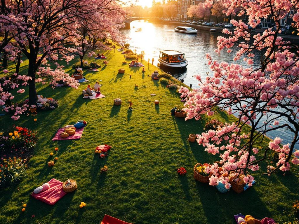 Aerial view of Amsterdam park in spring with picnic blankets, cherry blossoms, tulips, and canal houses in background