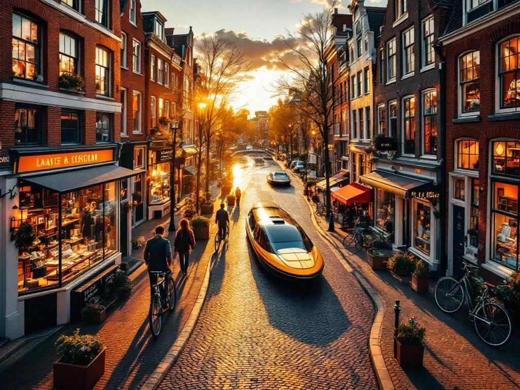 Aerial view of Amsterdam shopping street with traditional Dutch brick buildings, cobblestones, and canal in background