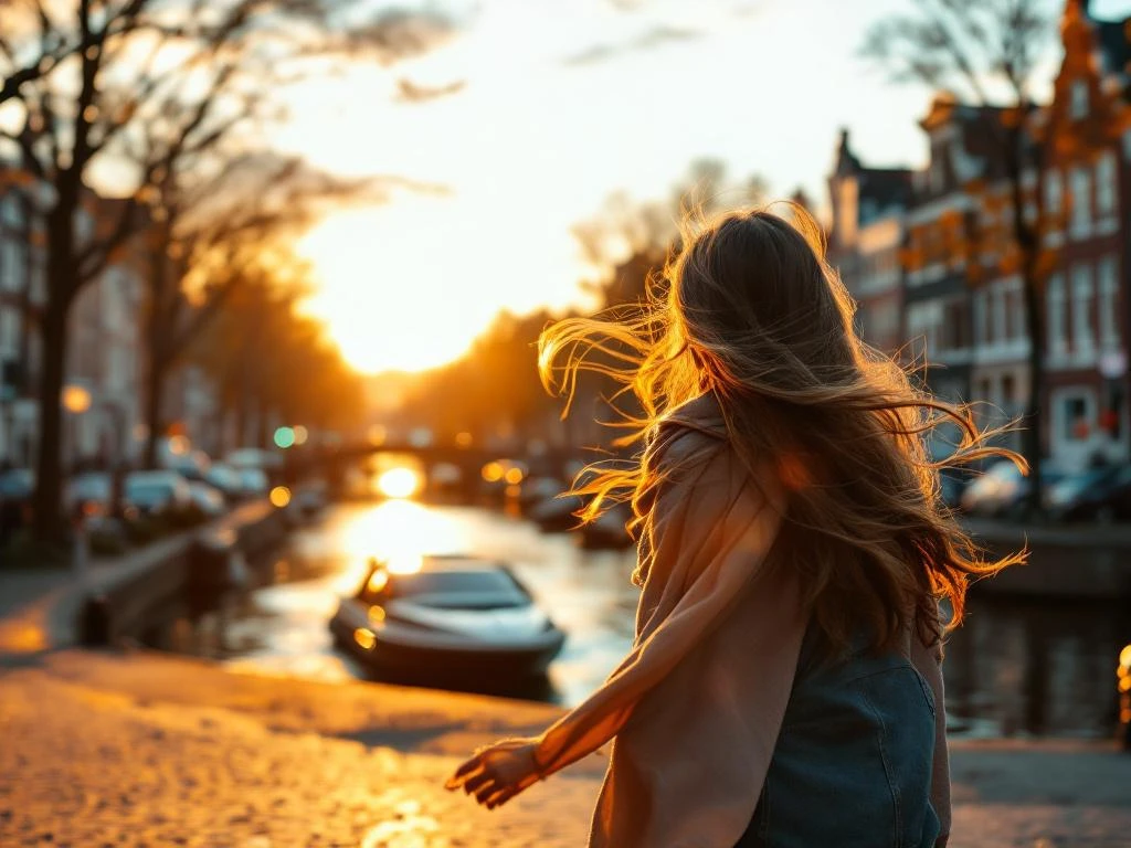 Woman walking along Amsterdam canal at sunset with historic gabled houses and electric boat in golden light