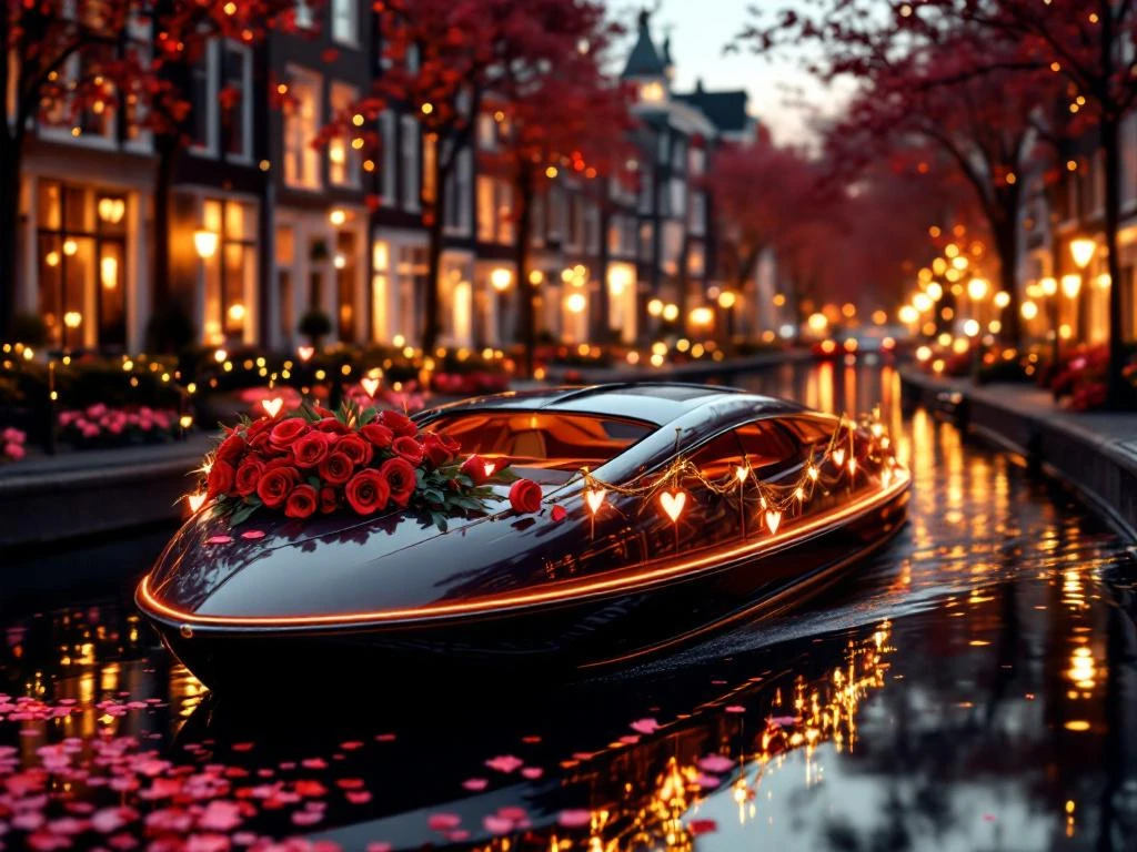 Elegant electric boat decorated with red roses and heart-shaped lights cruising Amsterdam's Herengracht canal at sunset