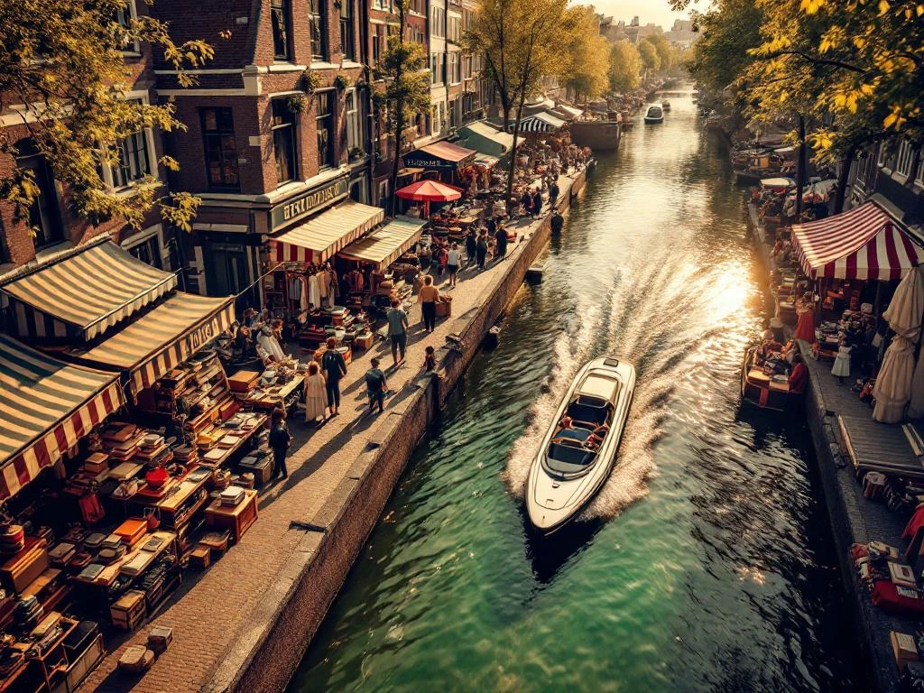Aerial view of Amsterdam vintage market along historic canal with antique stalls, traditional gabled houses, and electric boat