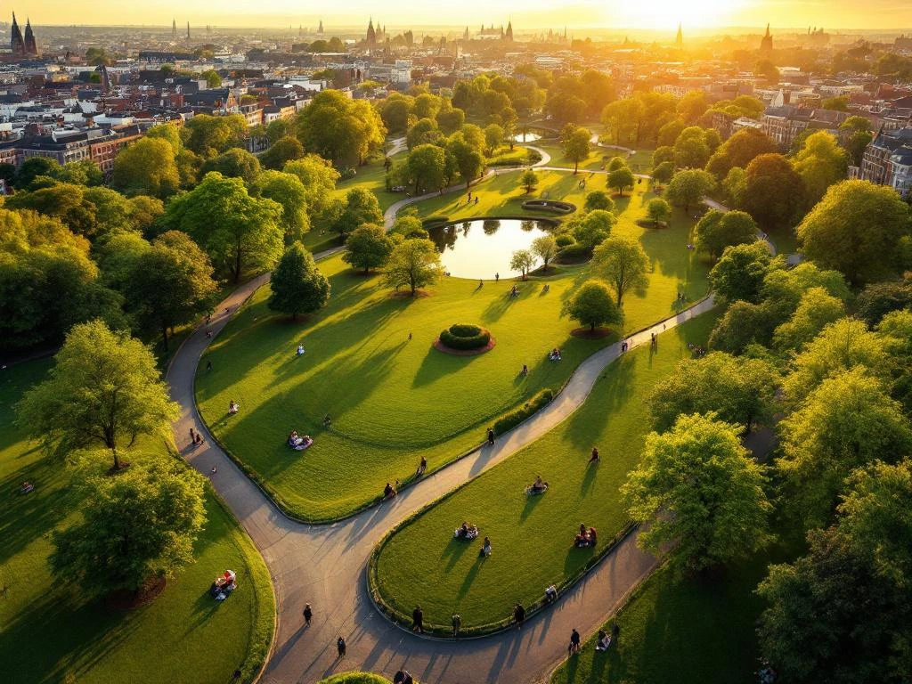 Aerial view of Amsterdam's Vondelpark at golden hour with cycling paths, pond, and canal houses in background.