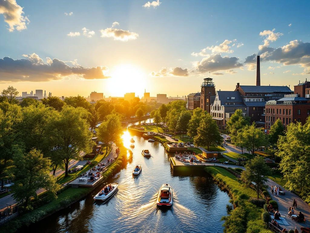 Aerial view of Amsterdam's Westerpark at golden hour with green parkland, canals, electric boats, and historic buildings