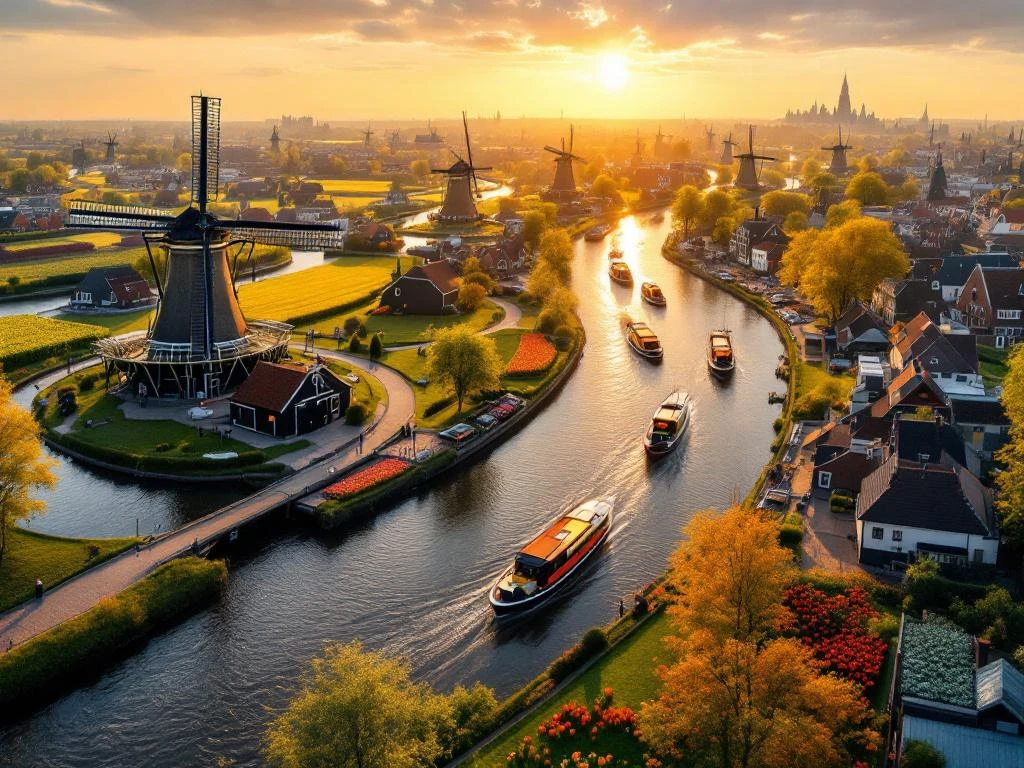 Aerial view of Amsterdam's Zaanse Schans windmills, traditional Dutch houses along canals, and historic city center at golden hour.