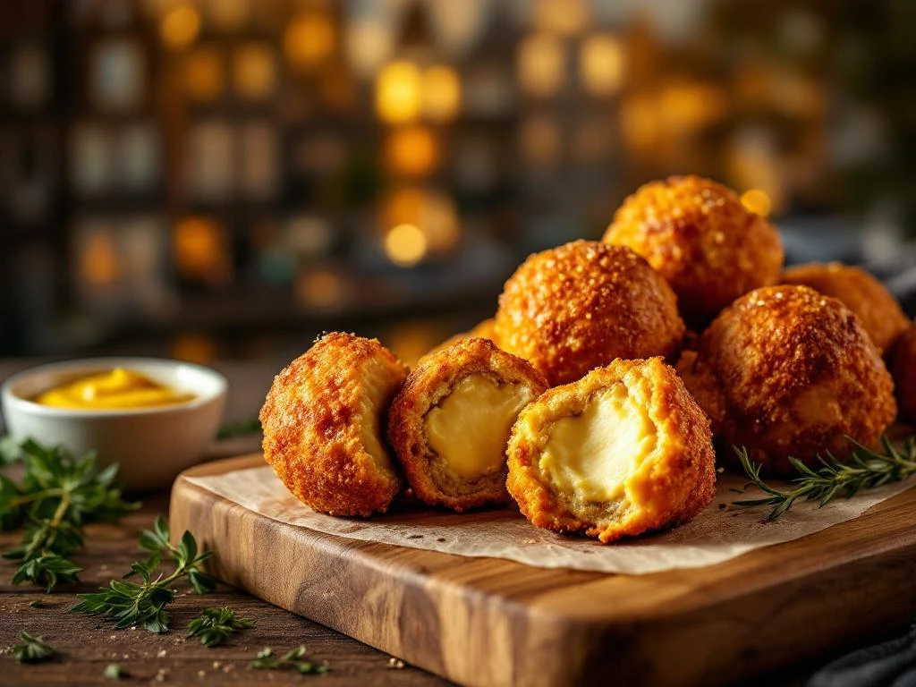 Golden-brown Dutch bitterballen on wooden board, one split open showing creamy filling, with mustard and Amsterdam backdrop