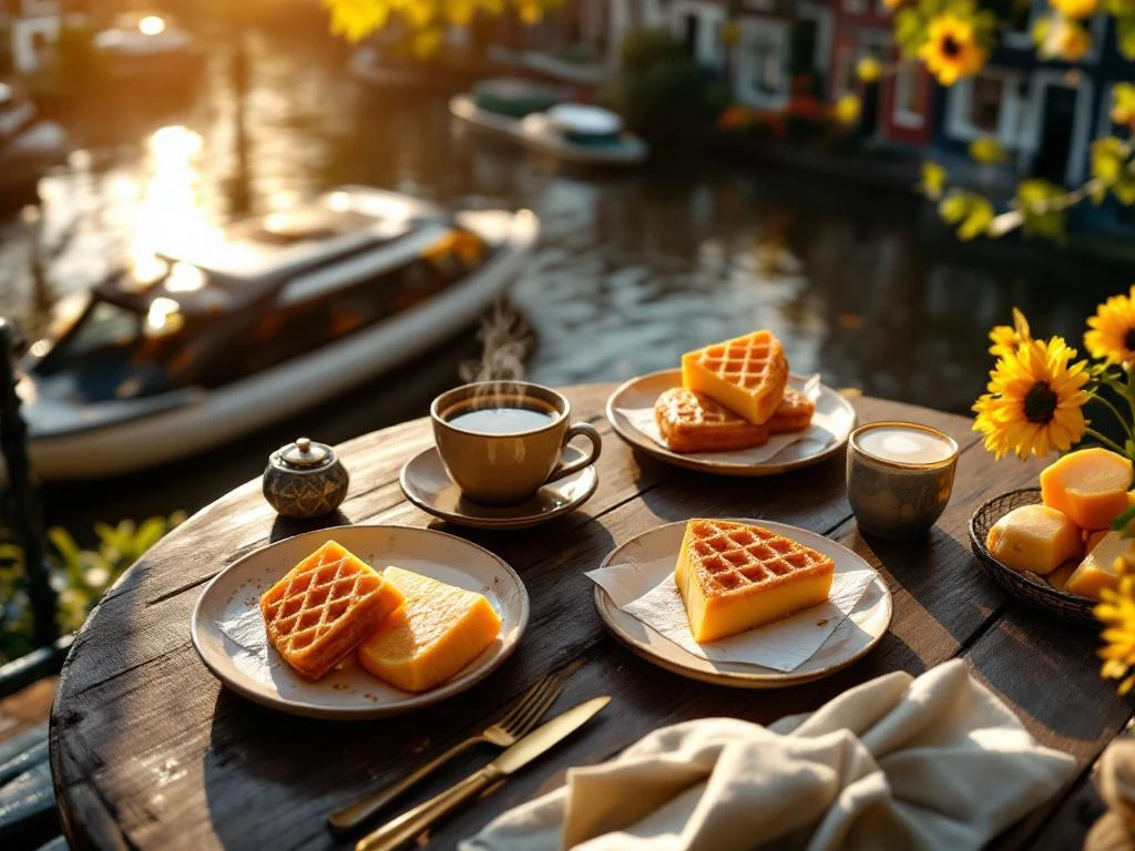 Traditional Dutch foods including stroopwafels, Gouda cheese, and herring on wooden table overlooking Amsterdam canal houses